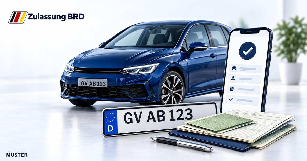 Online Fahrzeugzulassung in Rommerskirchen: Musterkennzeichen GV AB 123, Auto und Fahrzeugpapiere und Smartphone. Illustration mit Logo von Zulassung BRD.